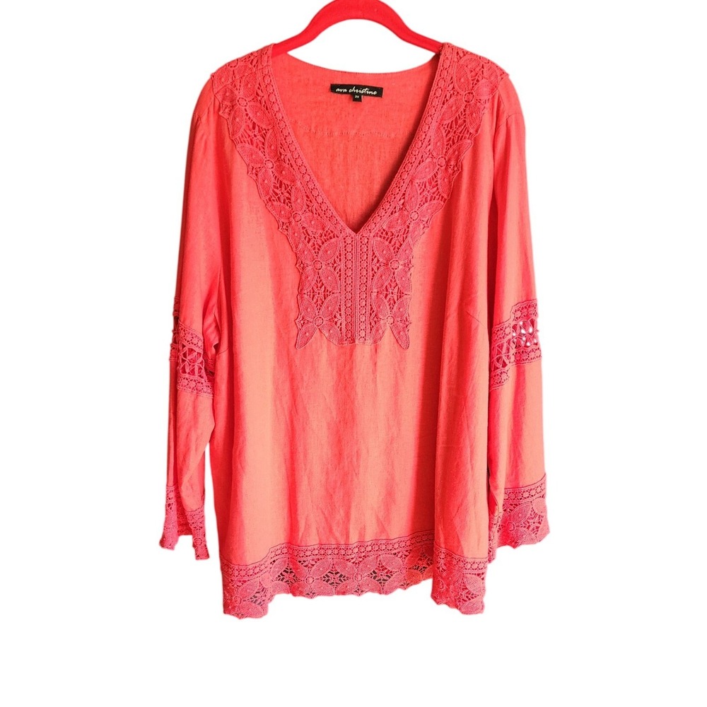 Ava Christine Blouse Women 2X Coral Pink Linen Blend‎ Crochet Lace Trim